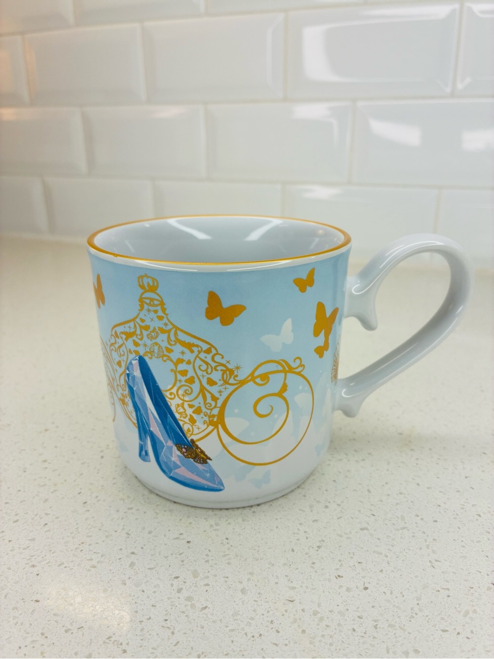 Disney Cinderella Blue Glass Slipper Coffee Mug Gold Carriage & Butterflies 10oz